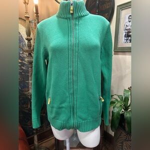 EUC Lands End Size Vintage Green Yellow Cotton Quarter Zip  90s Sweater Womens